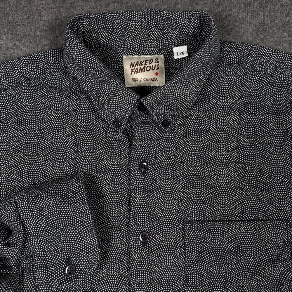 Naked & Famous Shirt Mens Large Black White Dots Woven Japanese Cotton Button Up